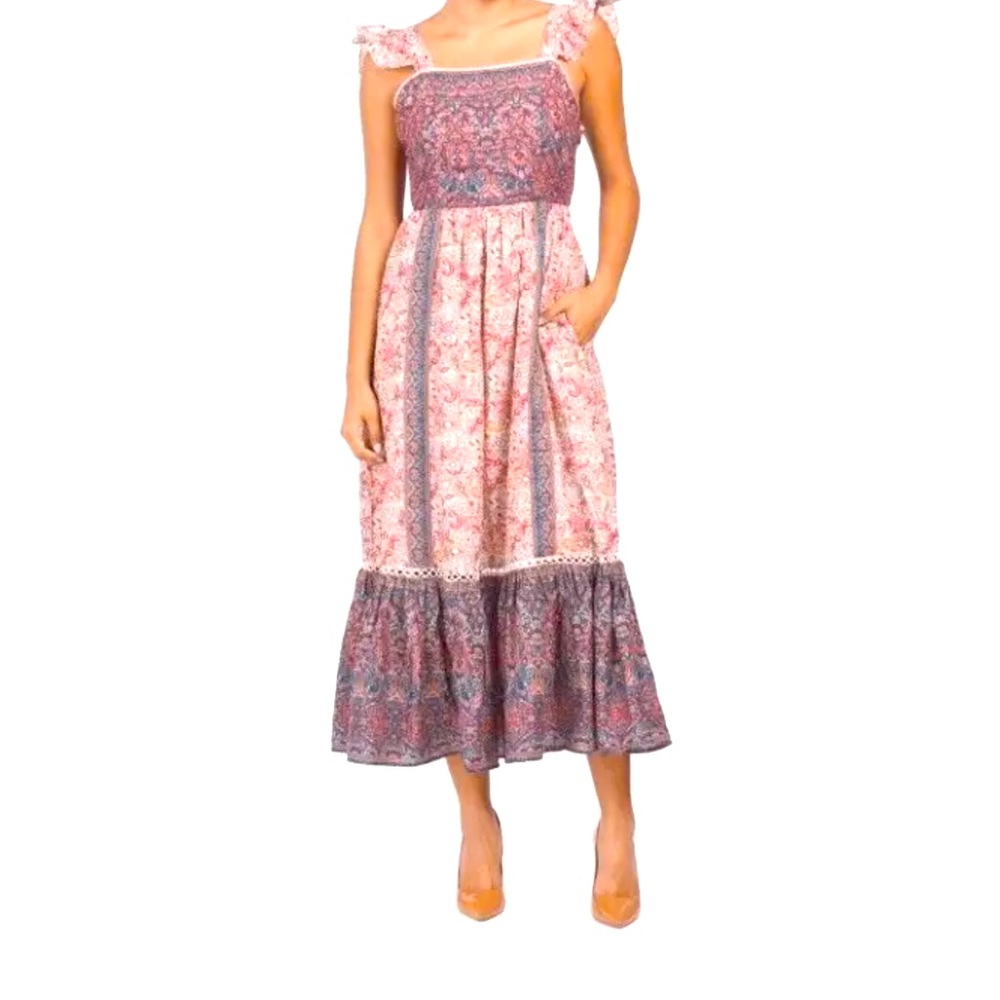 Haute Hippie Dress 6 New Pretty Paisley Flutter Sleeve Lace Trim Boho Hippy Midi - Picture 3 of 11
